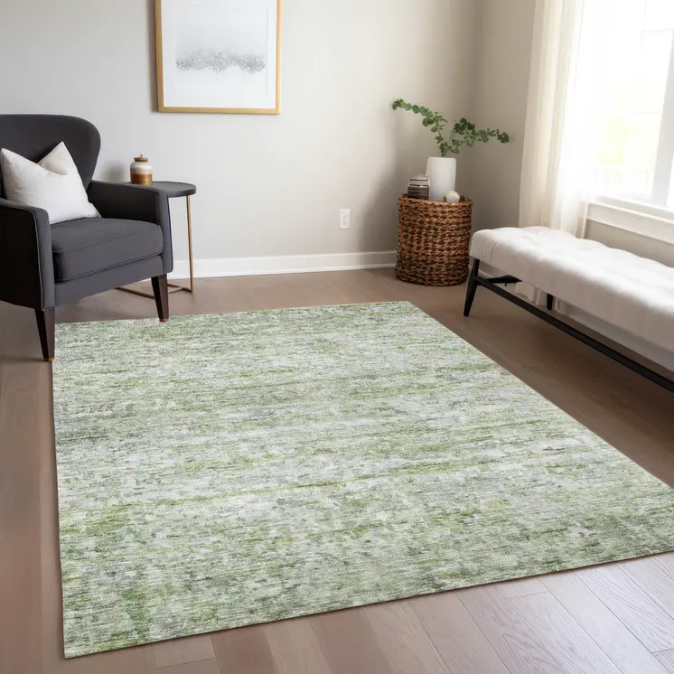 8' X 10' Artichoke Green And Ivory Striped Washable Indoor Outdoor Area Rug