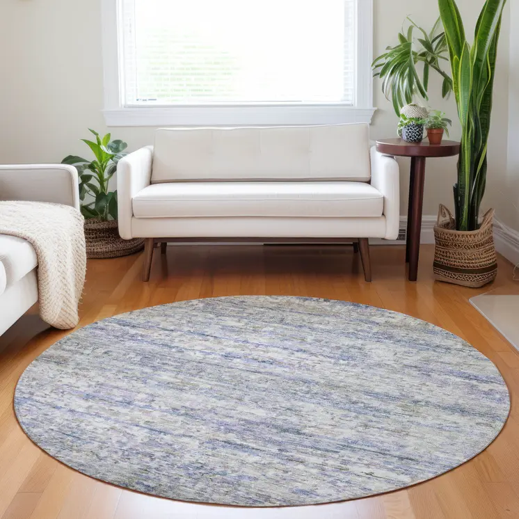 8' Blue Gray And Purple Round Striped Washable Indoor Outdoor Area Rug