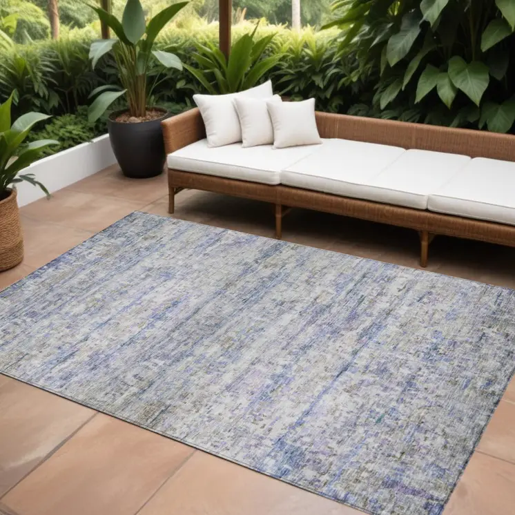 9' X 12' Blue Gray And Purple Striped Washable Indoor Outdoor Area Rug