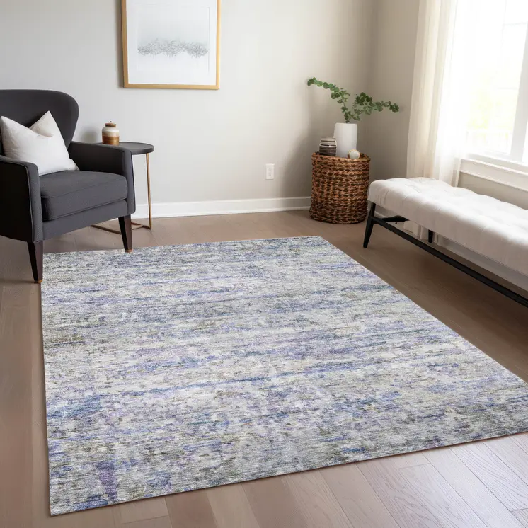 9' X 12' Blue Gray And Purple Striped Washable Indoor Outdoor Area Rug