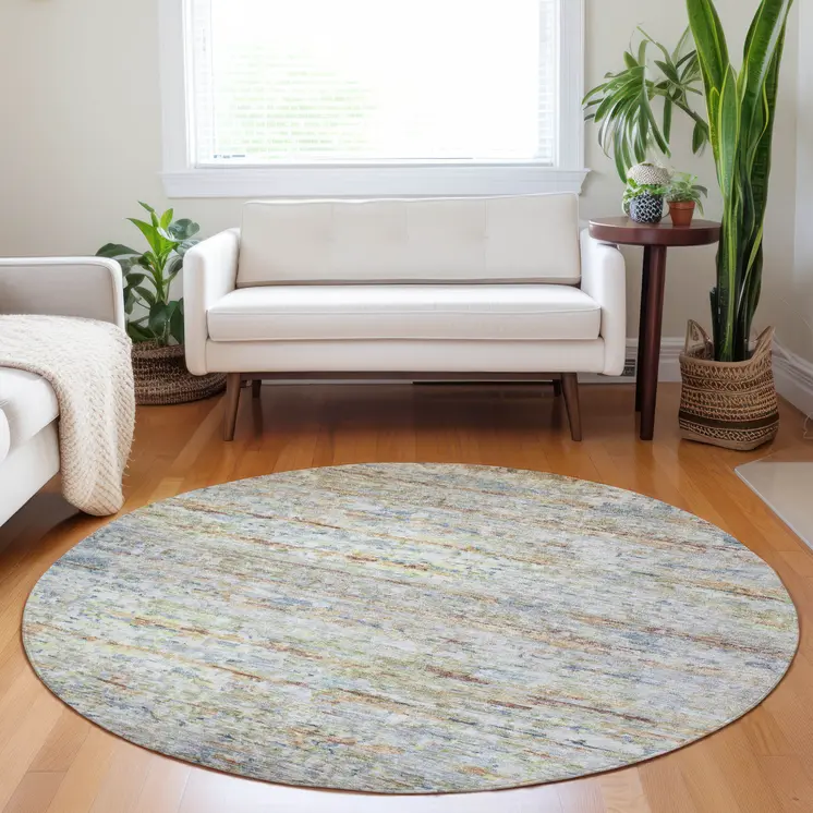 8' Copper Blue And Green Round Striped Washable Indoor Outdoor Area Rug