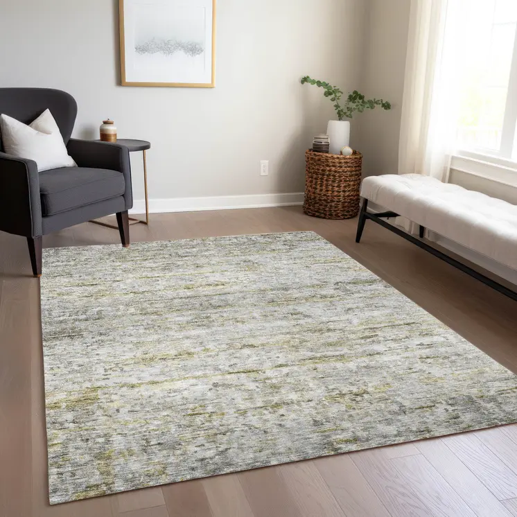 8' X 10' Taupe Ivory And Green Striped Washable Indoor Outdoor Area Rug
