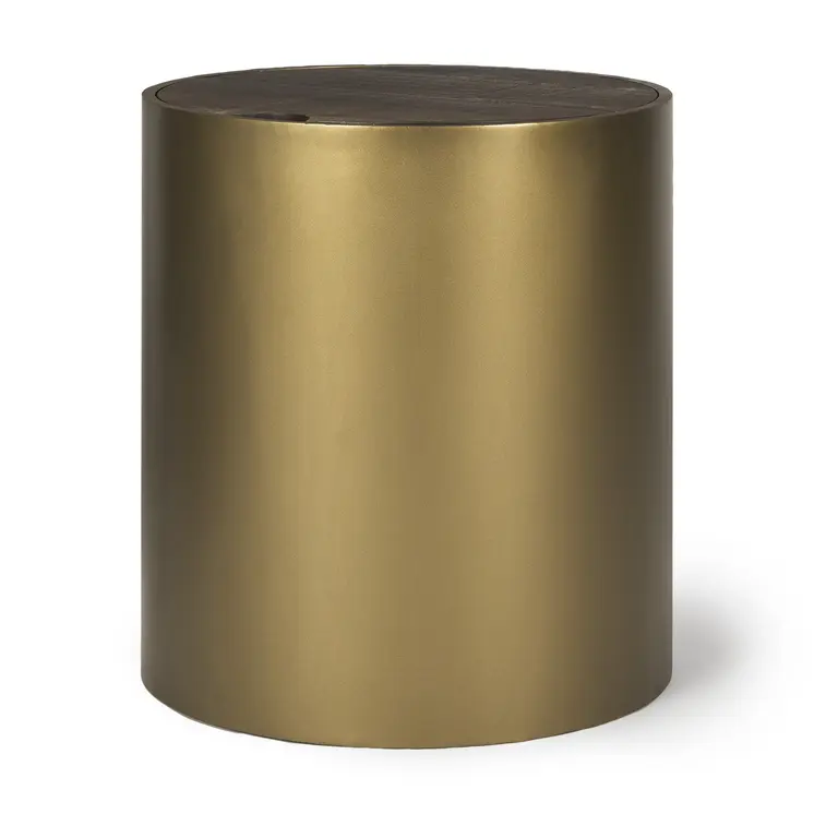 22" Antiqued Gold And Brown Metal And Solid Wood Drum End Table With Storage