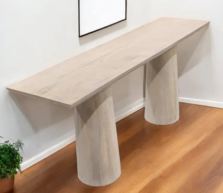 72" Natural Solid Wood Distressed Double Pedestal Console Table