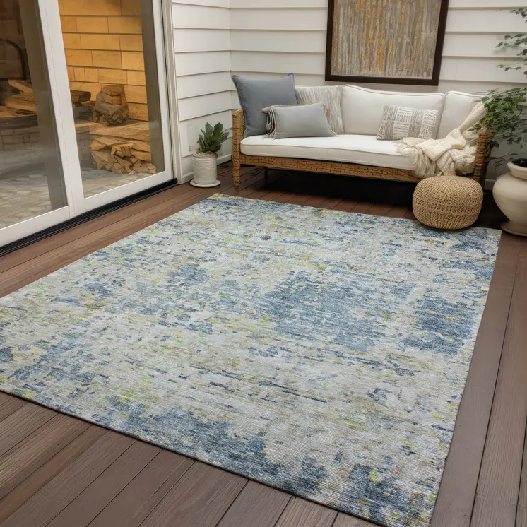 3' X 5' Blue Gray And Green Abstract Washable Indoor Outdoor Area Rug