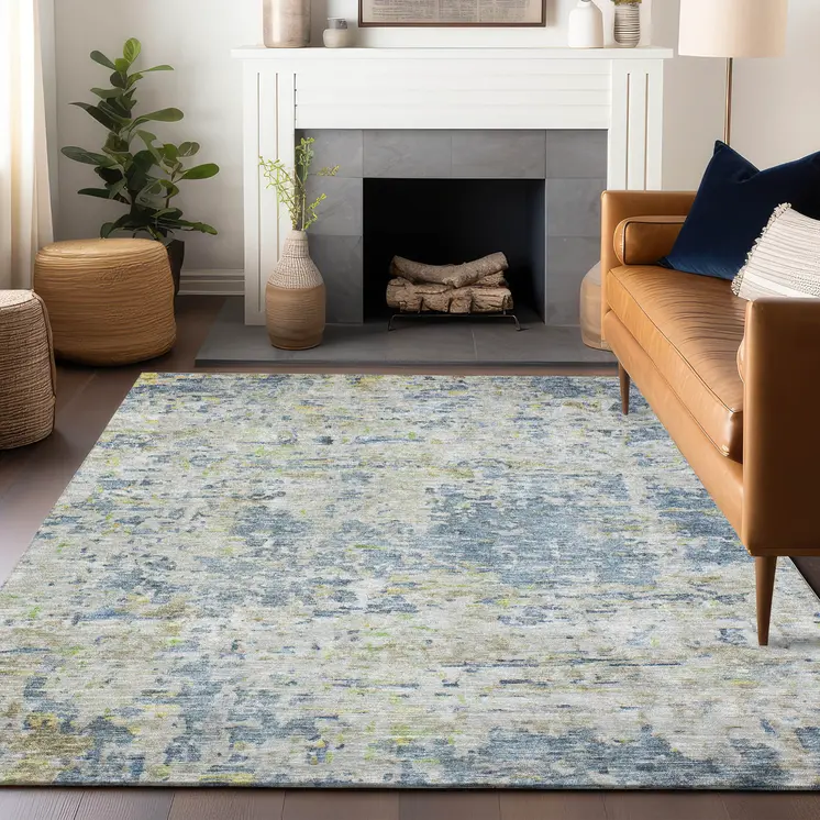 3' X 5' Blue Gray And Green Abstract Washable Indoor Outdoor Area Rug