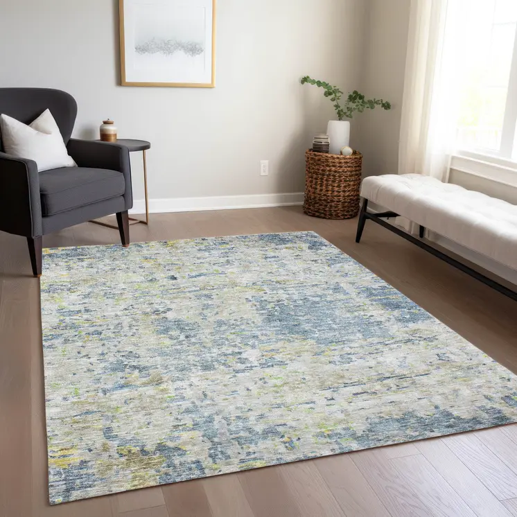 3' X 5' Blue Gray And Green Abstract Washable Indoor Outdoor Area Rug