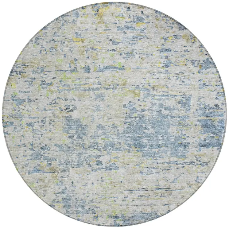 8' Blue Gray And Green Round Abstract Washable Indoor Outdoor Area Rug