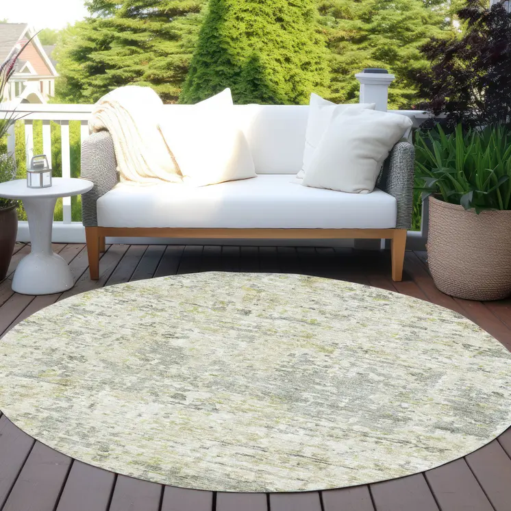 8' Sage Charcoal And Ivory Round Abstract Washable Indoor Outdoor Area Rug