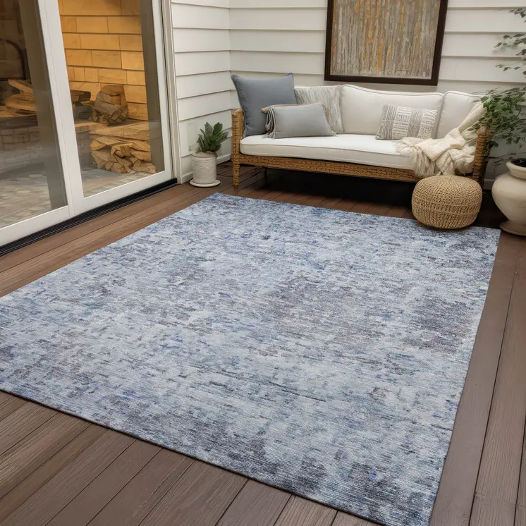 3' X 5' Sky Blue Charcoal And Ivory Abstract Washable Indoor Outdoor Area Rug