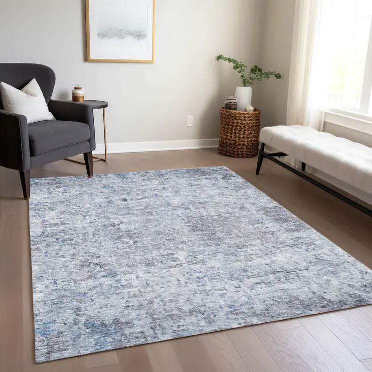 3' X 5' Sky Blue Charcoal And Ivory Abstract Washable Indoor Outdoor Area Rug