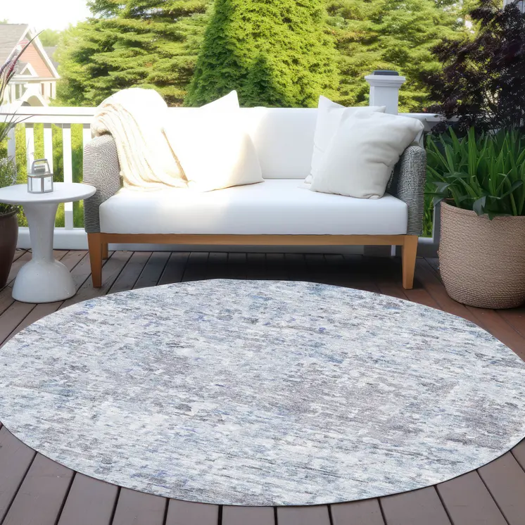 8' Sky Blue Charcoal And Ivory Round Abstract Washable Indoor Outdoor Area Rug