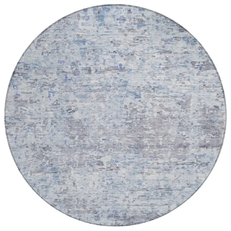 8' Sky Blue Charcoal And Ivory Round Abstract Washable Indoor Outdoor Area Rug