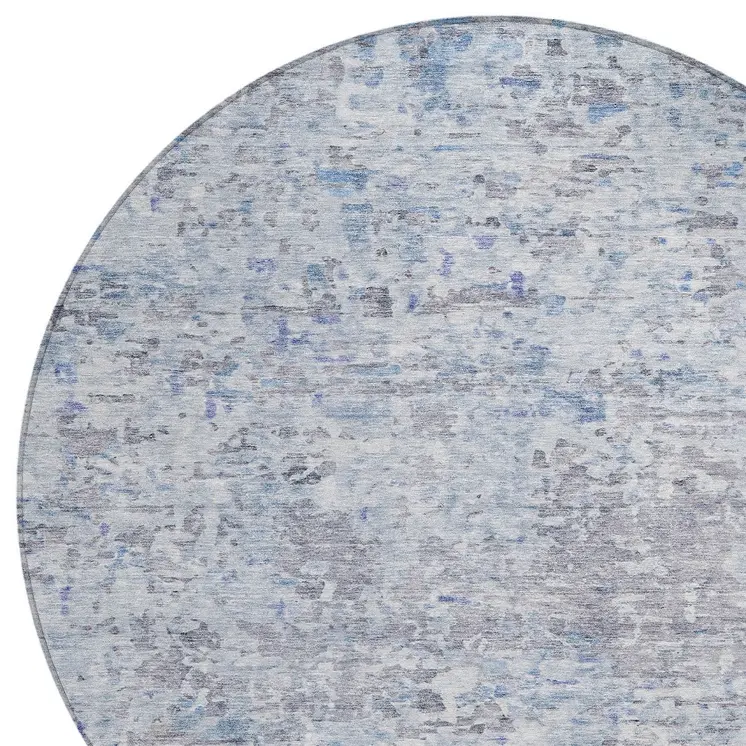 8' Sky Blue Charcoal And Ivory Round Abstract Washable Indoor Outdoor Area Rug