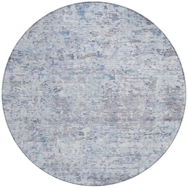 8' Sky Blue Charcoal And Ivory Round Abstract Washable Indoor Outdoor Area Rug