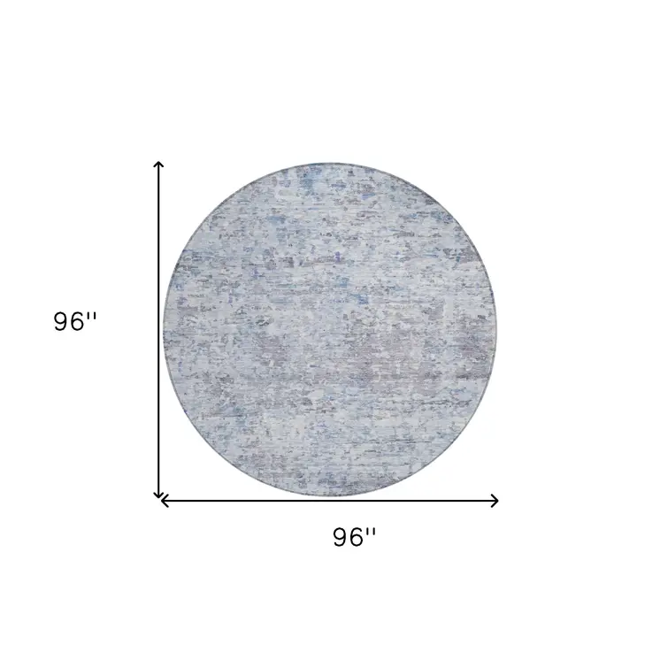 8' Sky Blue Charcoal And Ivory Round Abstract Washable Indoor Outdoor Area Rug