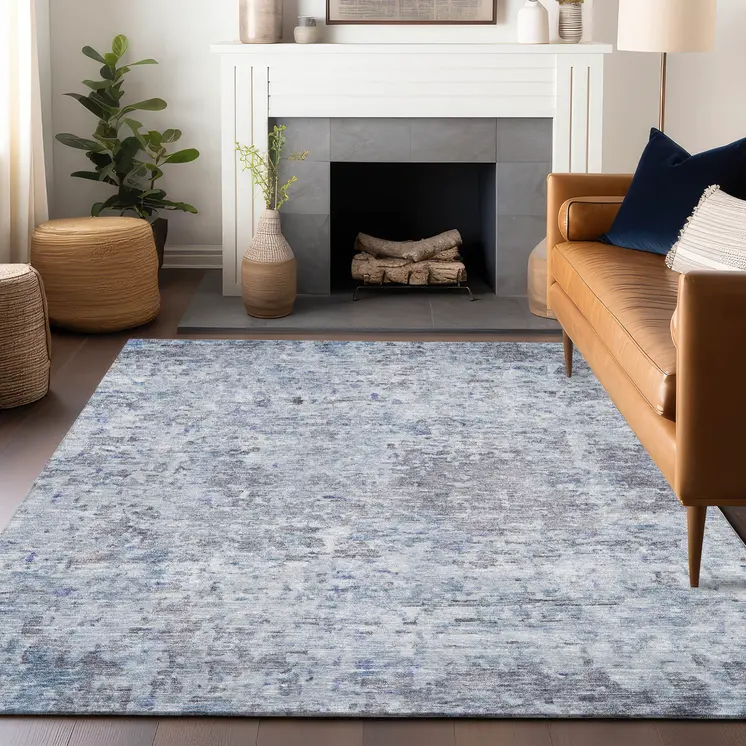 9' X 12' Sky Blue Charcoal And Ivory Abstract Washable Indoor Outdoor Area Rug