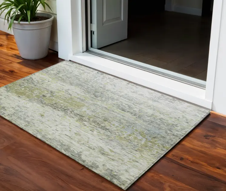 3' X 5' Artichoke Green Gray And Ivory Abstract Washable Indoor Outdoor Area Rug