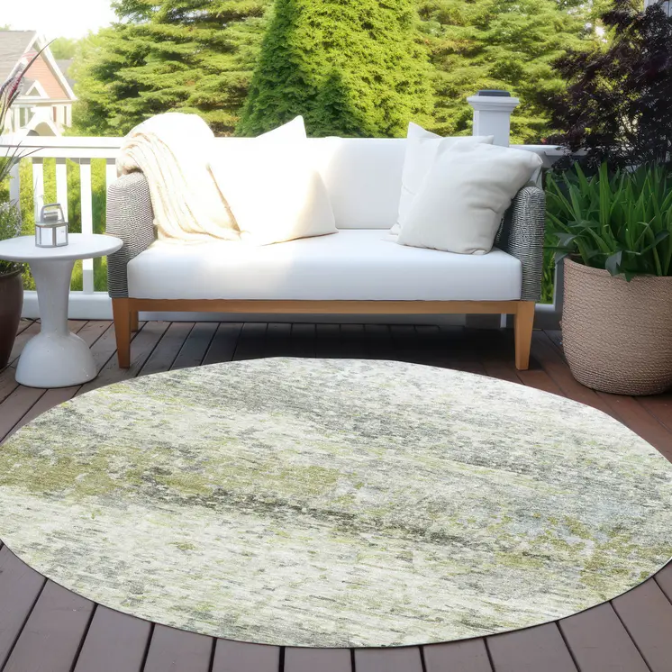 8' Artichoke Green Gray And Ivory Round Abstract Washable Indoor Outdoor Area Rug