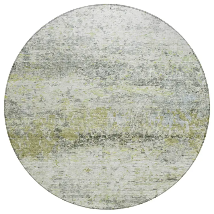 8' Artichoke Green Gray And Ivory Round Abstract Washable Indoor Outdoor Area Rug