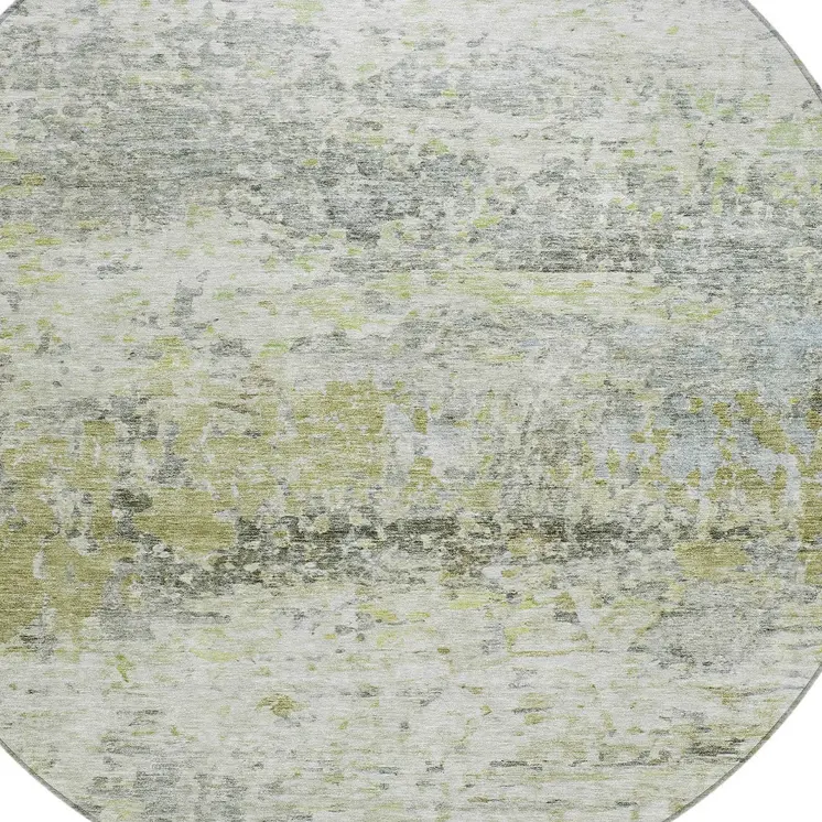 8' Artichoke Green Gray And Ivory Round Abstract Washable Indoor Outdoor Area Rug