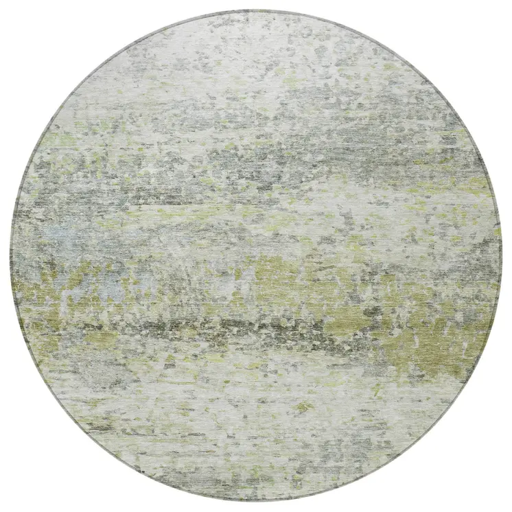 8' Artichoke Green Gray And Ivory Round Abstract Washable Indoor Outdoor Area Rug