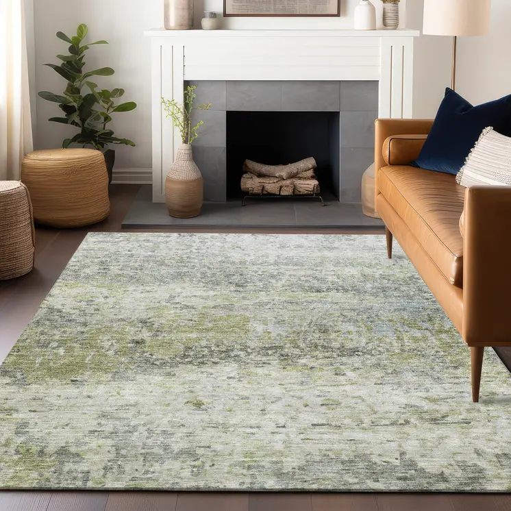 8' X 10' Artichoke Green Gray And Ivory Abstract Washable Indoor Outdoor Area Rug