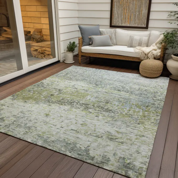 10' X 14' Artichoke Green Gray And Ivory Abstract Washable Indoor Outdoor Area Rug