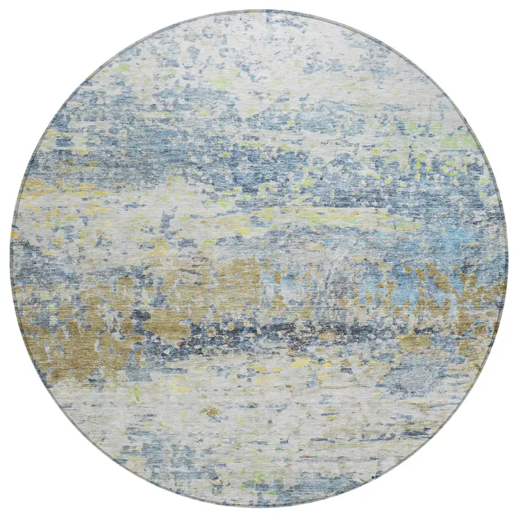 8' Blue Green And Ivory Round Abstract Washable Indoor Outdoor Area Rug