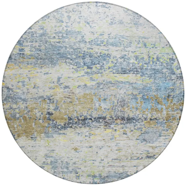 8' Blue Green And Ivory Round Abstract Washable Indoor Outdoor Area Rug