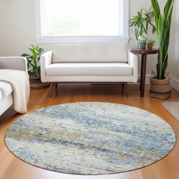 8' Blue Green And Ivory Round Abstract Washable Indoor Outdoor Area Rug
