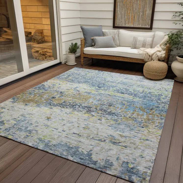 10' X 14' Blue Green And Ivory Abstract Washable Indoor Outdoor Area Rug