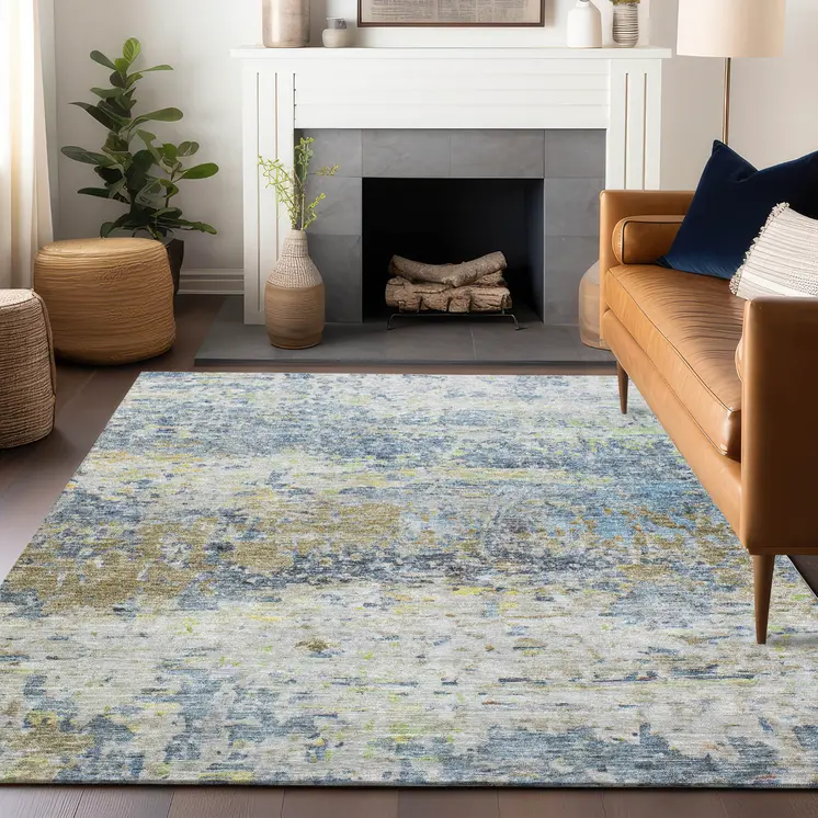 10' X 14' Blue Green And Ivory Abstract Washable Indoor Outdoor Area Rug