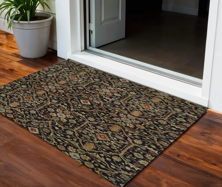 3' X 5' Black Brown And Red Floral Washable Indoor Outdoor Area Rug