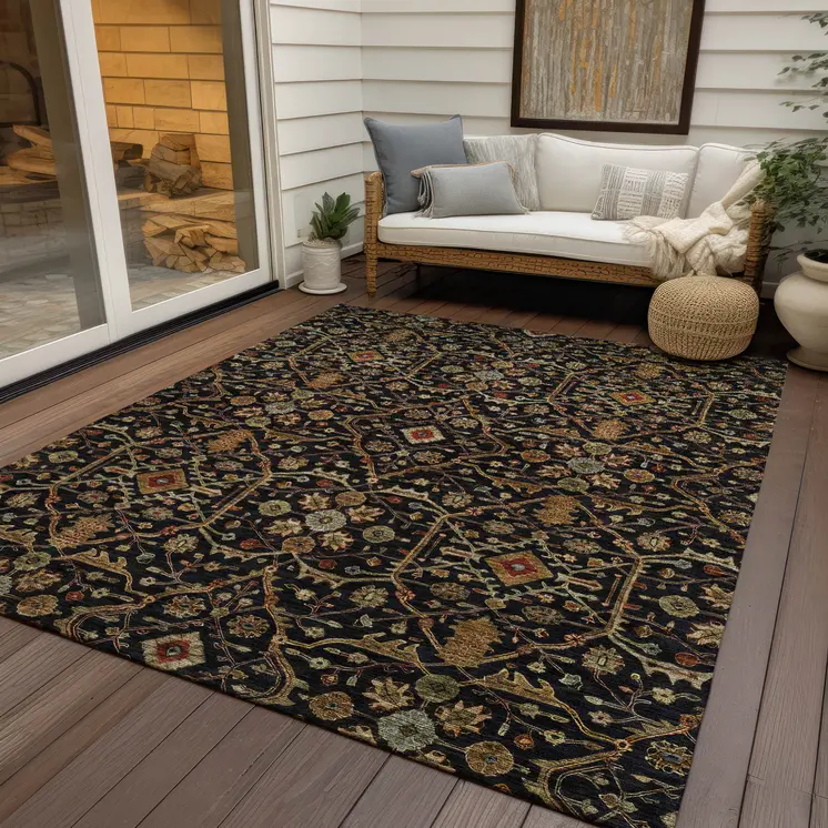 3' X 5' Black Brown And Red Floral Washable Indoor Outdoor Area Rug
