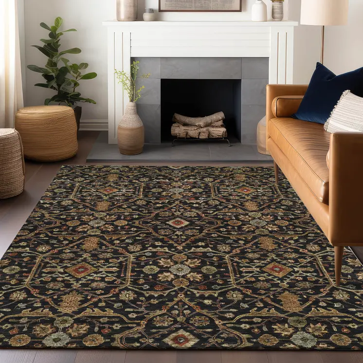 3' X 5' Black Brown And Red Floral Washable Indoor Outdoor Area Rug