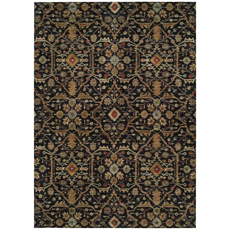 5' X 8' Black Brown And Red Floral Washable Indoor Outdoor Area Rug