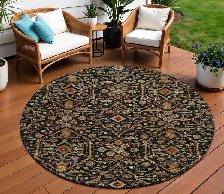 8' Black Brown And Red Round Floral Washable Indoor Outdoor Area Rug