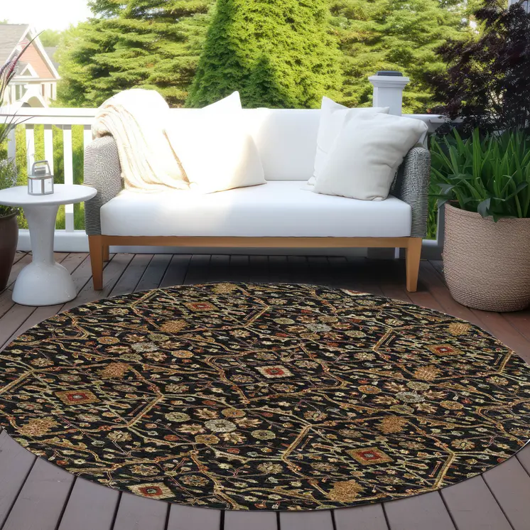 8' Black Brown And Red Round Floral Washable Indoor Outdoor Area Rug