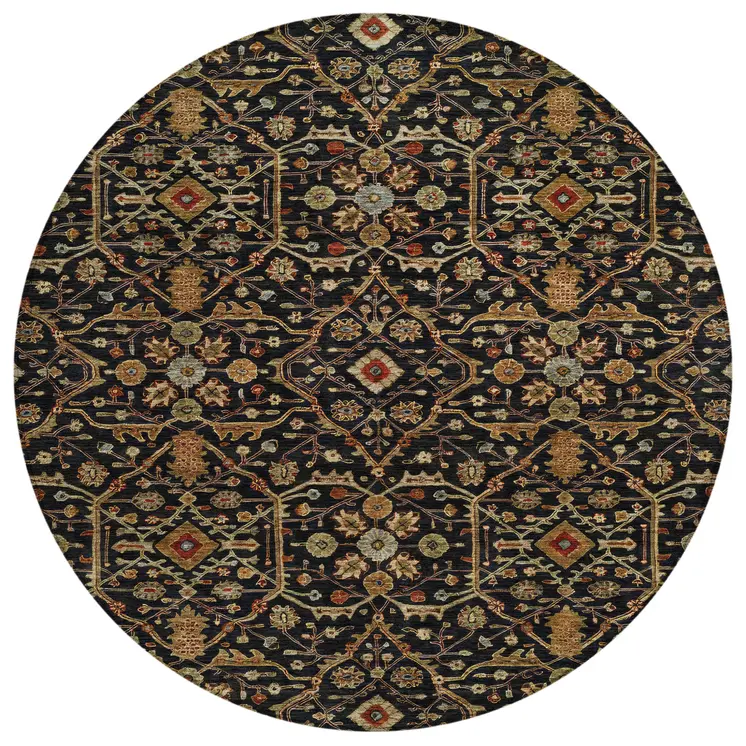 8' Black Brown And Red Round Floral Washable Indoor Outdoor Area Rug