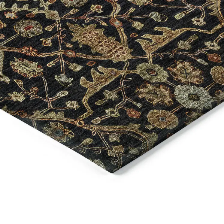 8' Black Brown And Red Round Floral Washable Indoor Outdoor Area Rug