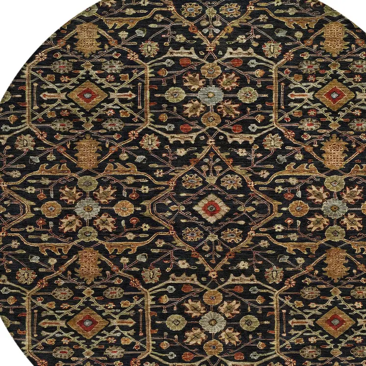 8' Black Brown And Red Round Floral Washable Indoor Outdoor Area Rug
