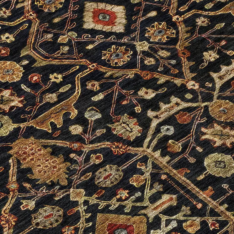 8' Black Brown And Red Round Floral Washable Indoor Outdoor Area Rug