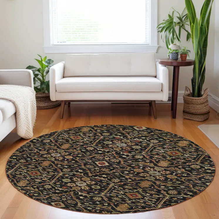8' Black Brown And Red Round Floral Washable Indoor Outdoor Area Rug