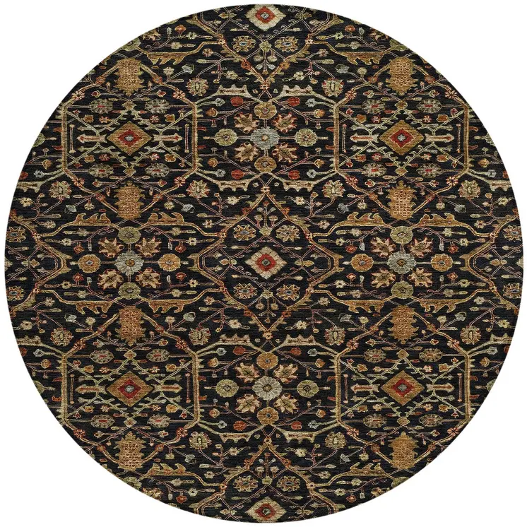 8' Black Brown And Red Round Floral Washable Indoor Outdoor Area Rug