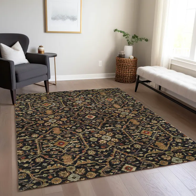 10' X 14' Black Brown And Red Floral Washable Indoor Outdoor Area Rug