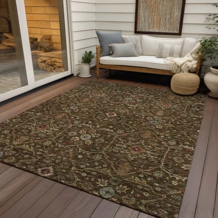 3' X 5' Chocolate Red And Green Floral Washable Indoor Outdoor Area Rug