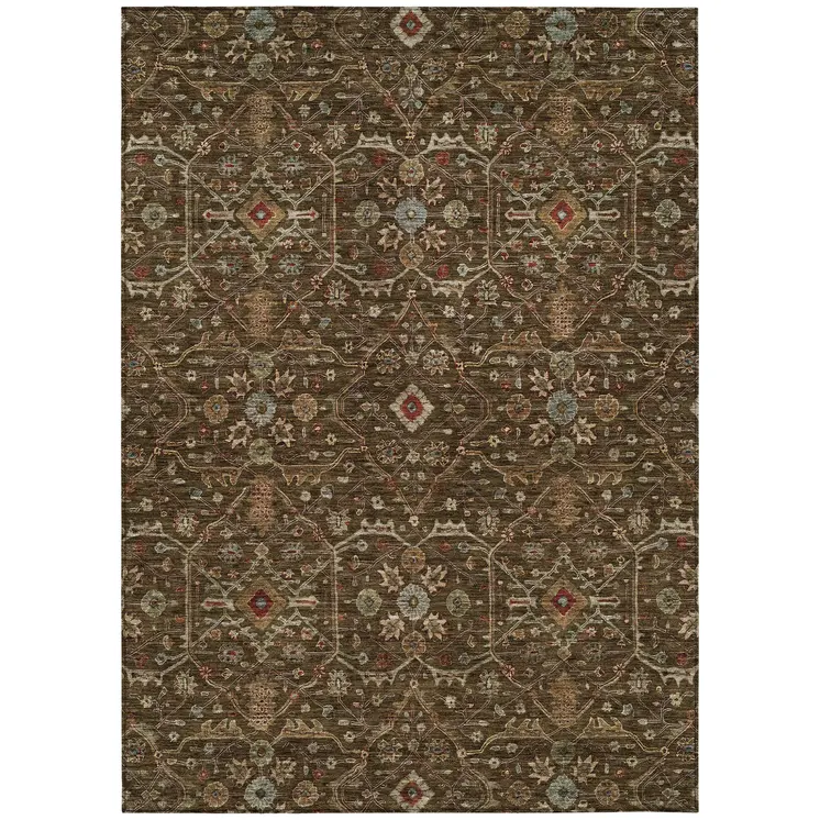 3' X 5' Chocolate Red And Green Floral Washable Indoor Outdoor Area Rug
