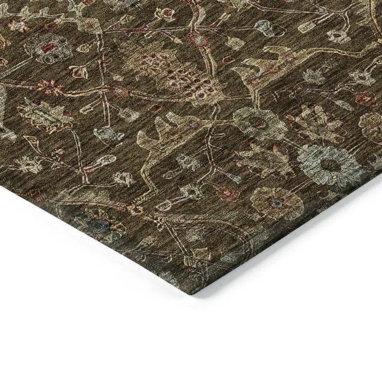 3' X 5' Chocolate Red And Green Floral Washable Indoor Outdoor Area Rug