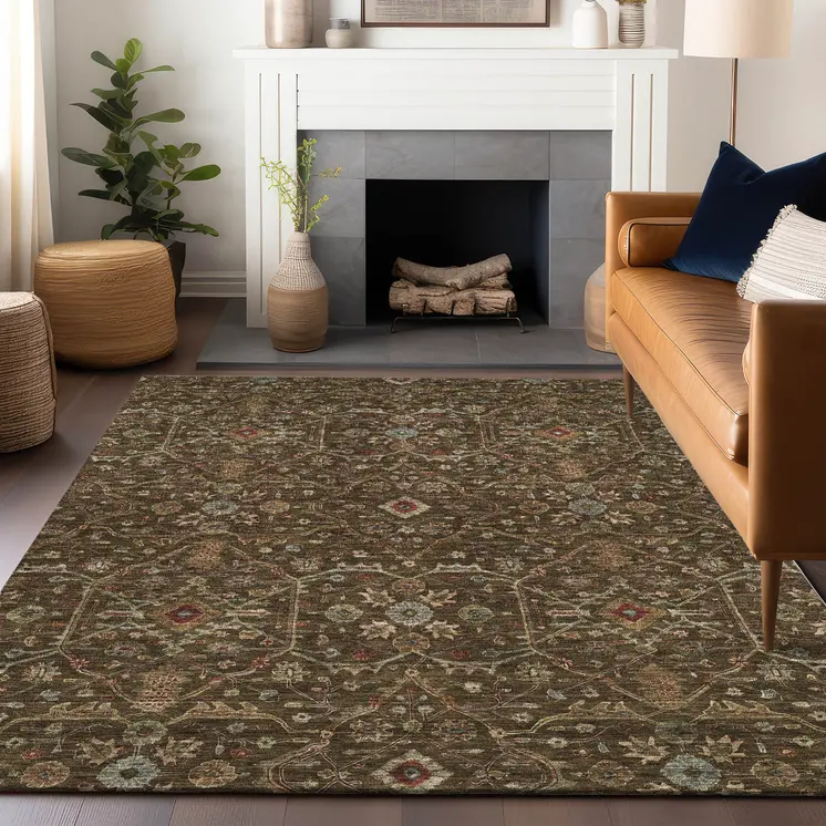 3' X 5' Chocolate Red And Green Floral Washable Indoor Outdoor Area Rug